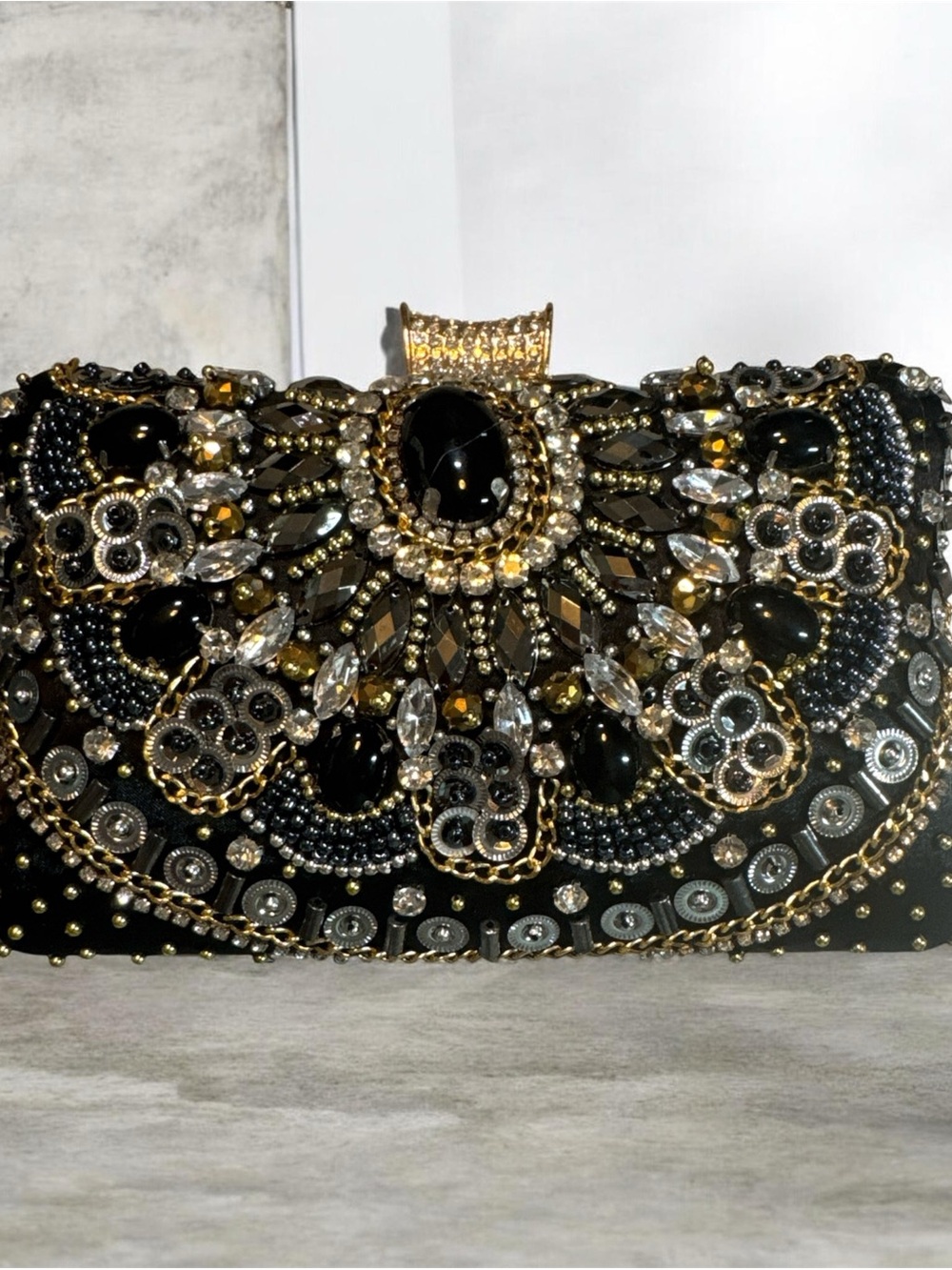 Bejeweled Black & Gold Evening Clutch